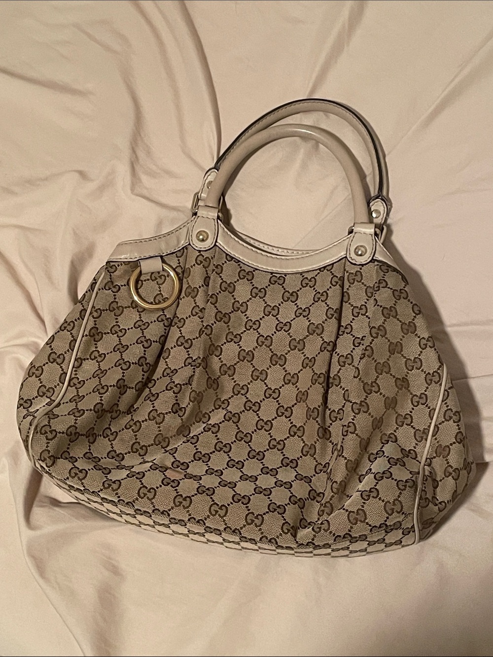 Gucci “Sukey” Beige GG Canvas Tote with Cream Trim and Gold Ring
